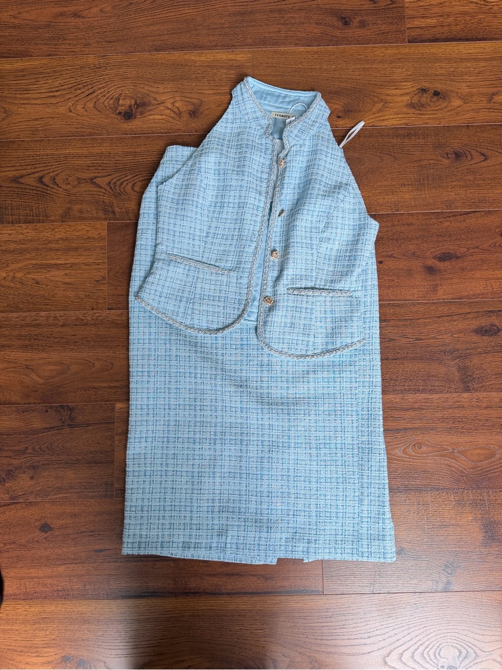 Sleeveless Tweed Dress Jacket in Light Blue - Unbranded